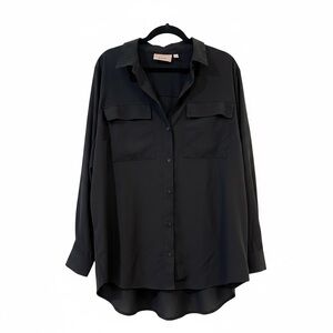 EVRI $40 Black Long Sleeve High-Low Button Down Shirt 1X EUC P2P 25”